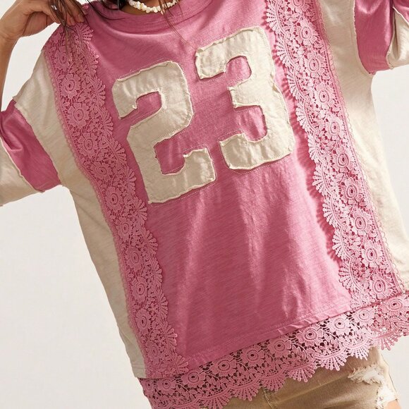 Pink Casual Women's Boho Lace Patchwork Round Neck Loose Washed tee shirt - Picture 2 of 7
